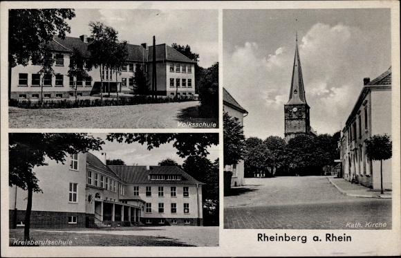Ak Rheinberg am Niederrhein, Kath. Kirche, Volksschule, Kreisberufsschule