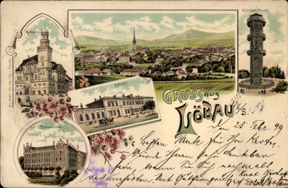 Litho Löbau in Sachsen, Rathaus, Bahnhof, Bürgerschule, Panorama, Eiserner Turm
