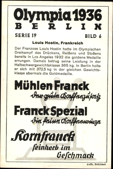 Collection picture Olympia 1936, weight lifter Louis Hostin, Mühlen Franck coffee additive