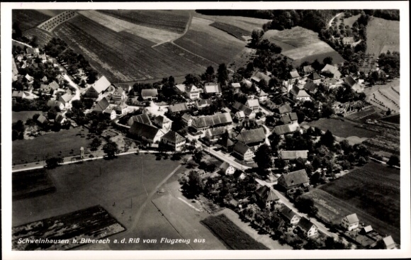 Postcard Schweinhausen Hochdorf in Upper Swabia, aerial photograph of Schweinhausen, black and white, view