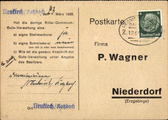 Ak Niederdorf Erzgebirge, Firma P. Wagner, Ritter-Dominium-Guts-Verwaltung Neukirch an der Katzbach