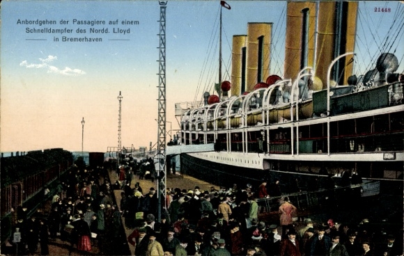 Postcard Bremerhaven, boarding of passengers, express steamer, NDL