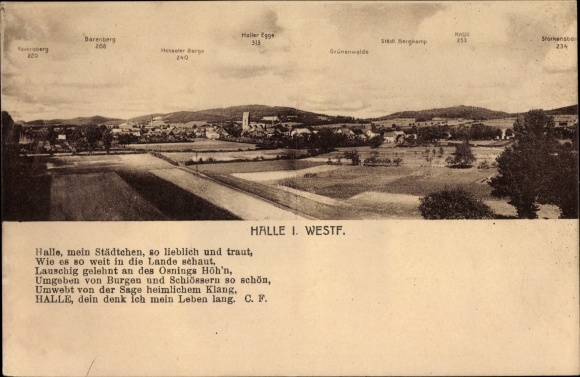 Ak Halle in Westfalen, Panorama mit Ravensberg, Barenberg, Haller Egge, Knüll, Gedicht