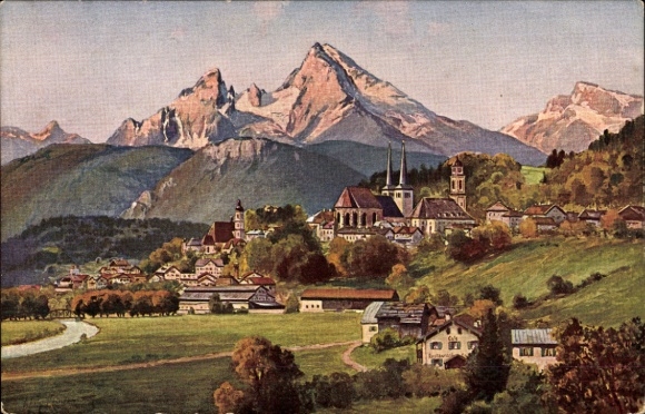 Ak Berchtesgaden in Oberbayern, Berglandschaft, Watzmann,  Fluss, Häuser
