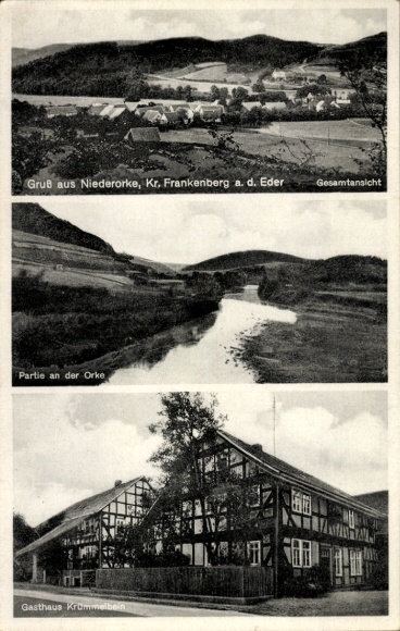 Postcard Niederorke Frankenberg an der Eder Hessen, general view, Orkepartie, Gasthof Krümmelbein