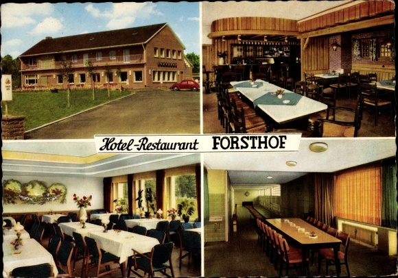 Postcard Wulfen Dorsten in Westphalia, Hotel Restaurant Forsthof, house view, interior views, bowling alley
