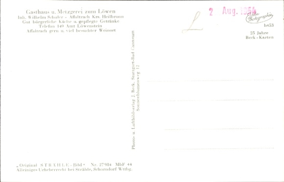 Postcard Affaltrach Obersulm in Württemberg, aerial photograph, Zum Löwen, guest room