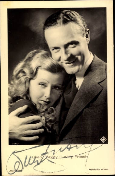 Postcard actress Lilian Harvey, actor Willy Fritsch, portrait, Ufa Film, autograph WF