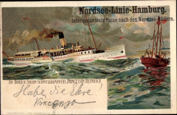 Litho Dampfer Prinzessin Heinrich, Norddeutscher Lloyd, Nordsee Linie Hamburg