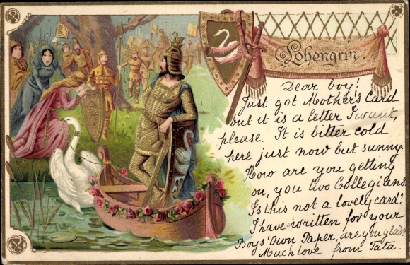 litho in reliëf Lohengrin, Ridders in de zwanenboot, operascène, Richard Wagner