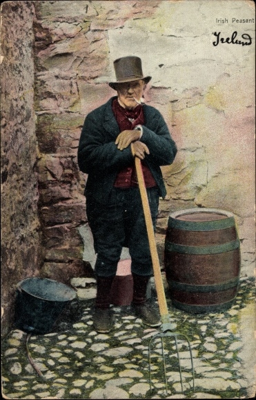 Postcard Irish Paesant, farmer with pitchfork, cigarette