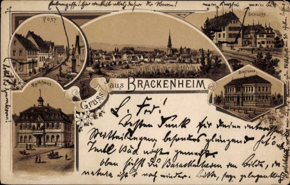 Chromo-Litho Brackenheim an der Zaber Württemberg, post office, town hall, school building, castle
