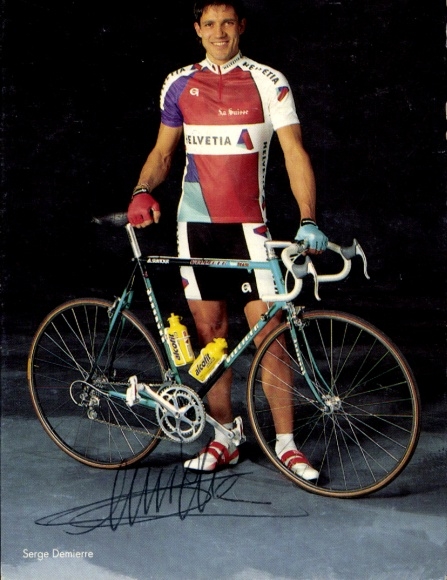 Autograph card cyclist Serge Demierre, portrait with racing bike, autograph