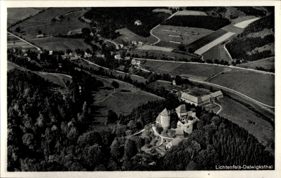 Postcard Lichtenfels Dalwigksthal, aerial photograph, To the Waldeck Switzerland, H. Emde