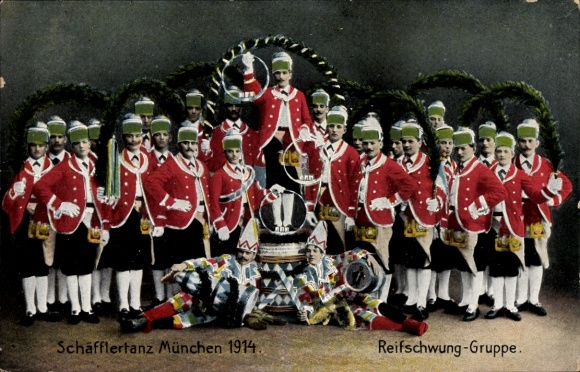 KP Monachium, Ogród Angielski, Kleinhesseloher See, Schäfflertanz 1914, grupa Reifschwung, festl