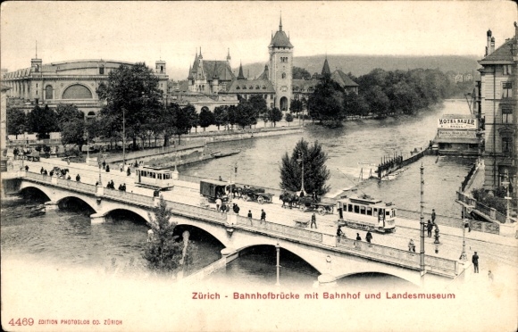 KP Zurich City Szwajcaria, Bahnhofbrücke ze stacją kolejową i muzeum narodowym