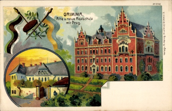 Chromo-Litho Grimma in Saxony, Old and new secondary school with Progymnasium, No. 2158