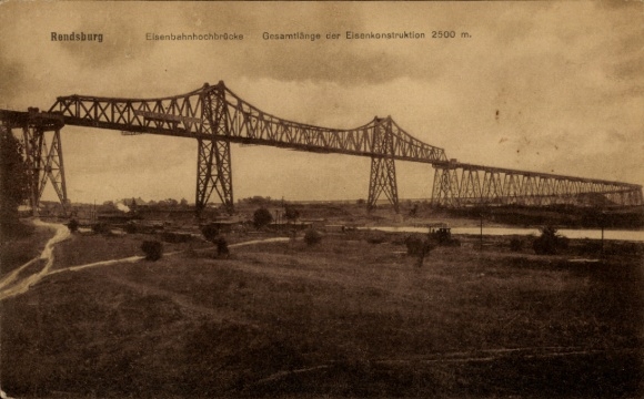 Postcard Rendsburg in Schleswig Holstein, Elsenbahn high bridge, iron construction 2500 m