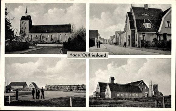 Ak Hage Ostfriesland Niedersachsen, Teilansichten, Straßenpartien, Kirche, Hauptstraße, Sportplatz