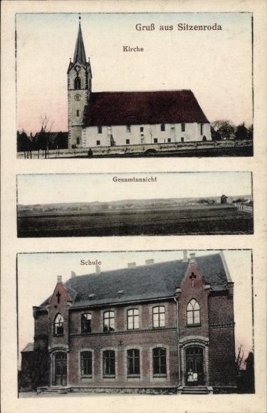 KP Sitzenroda Schildau w Saksonii, kościół, widok ogólny, szkoła, pozdrowienia z Sitzenroda