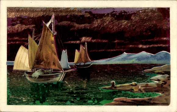 Relief artist Postcard sailboats on the coast