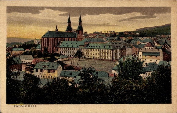 Postcard Prüm in the Eifel, historical town view, churches, buildings, square