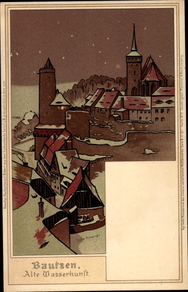 Artist PC Elßner, F., Bautzen Saxony, old water art, winter, at night