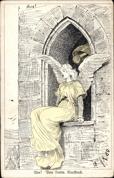 Artist PC Kaulbach, H., Ave, singing angel sitting in a window, bell