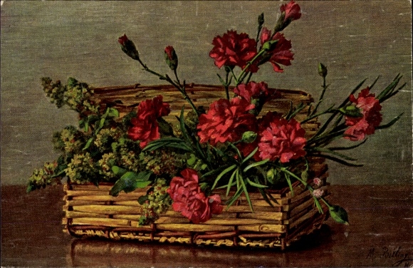 Artist Postcard Billing, M., Carnations, Flower Basket