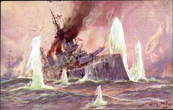 Artist PC Stöwer, Willy, Naval Battle North Sea 1915, English battle cruiser, German cruiser