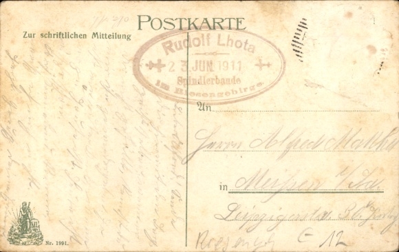 Ak Groeten vele duizenden malen van de Heer van de Bergen Rübezahl, Reuzengebergte, Schneekoppe