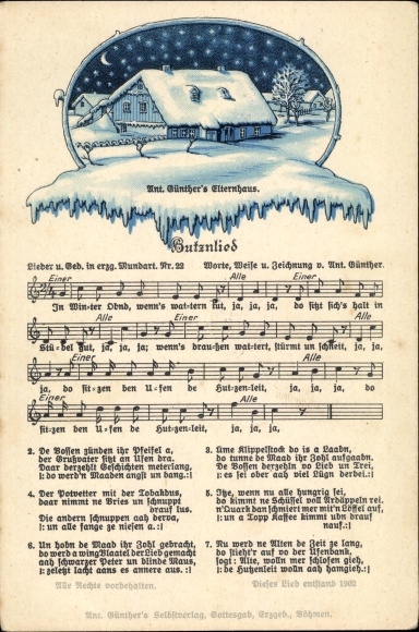 Song Postcard Günther, Anton, Butznlied, parents&#39; house in winter, Ore Mountain dialect No. 22