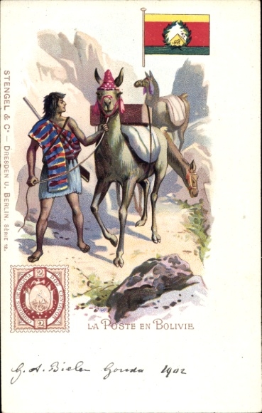 Postage stamps Chromo-Litho The post office in Bolivia, man with llamas