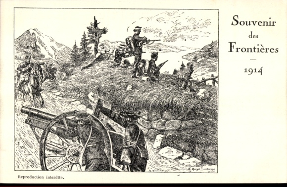 Artist Postcard Souvenir des Frontières 1914, soldiers, gun