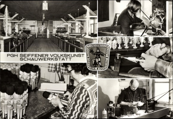 Postcard Seiffen in the Ore Mountains, PGH Seiffen folk art, demonstration workshop, turner, nutcracker