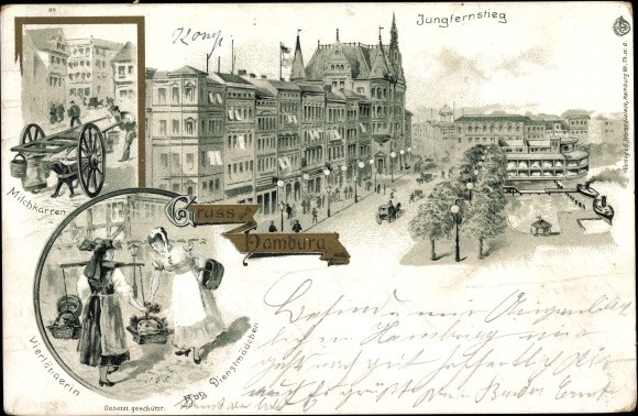 Chromo-Litho Hamburg Mitte Altstadt, milk cart, Jungfernstieg, four-country woman, maid