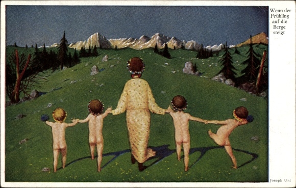 Artist Postcard Uhl, Joseph, When spring climbs the mountains, children, woman