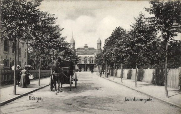 Postcard Odense Denmark, road to the train station, carriage
