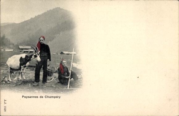 Ak Champéry Kanton Wallis, Schweizerische Tracht, Ziegen