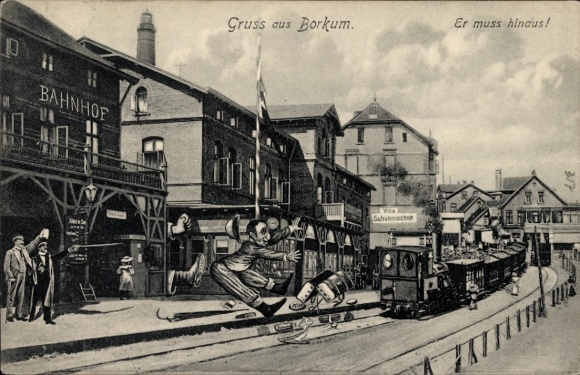 Judaika Postcard Nordseebad Borkum in East Frisia, He must go out, Anti-Jewish, Train station, Railway