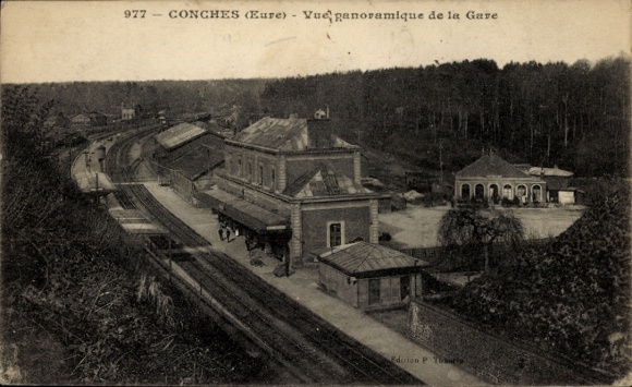 Postcard Conches en Ouche Eure, train station, track view, panorama