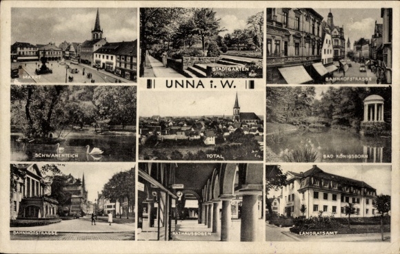 Ak Unna in Westfalen, Bad Königsborn, stadsdeelkantoor, stadhuisbogen, zwanenvijver, stadstuin, markt