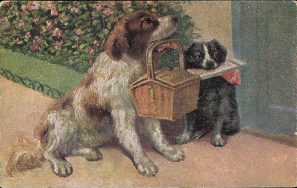 Postcard Dresden Altfranken, dog with newspaper folder and dog with basket
