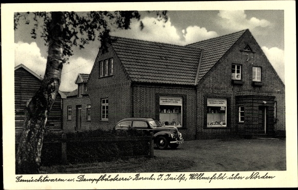 Ak Willmsfeld Westerholt über Norden, Dampfbäckerei Beruh, Automobil