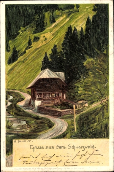 Artist Chromo-Litho Daur, H., Black Forest, Greetings from the Black Forest, farmer with cow