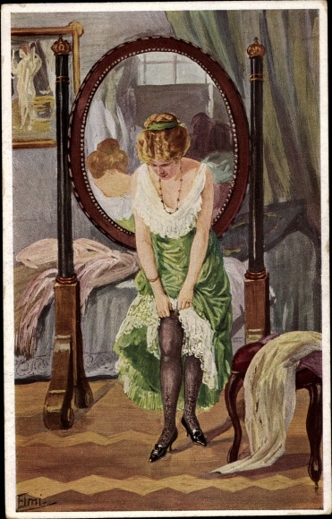 Artist Postcard &quot;Elmi - The Garter&quot;, woman in front of a mirror puts on her stocking