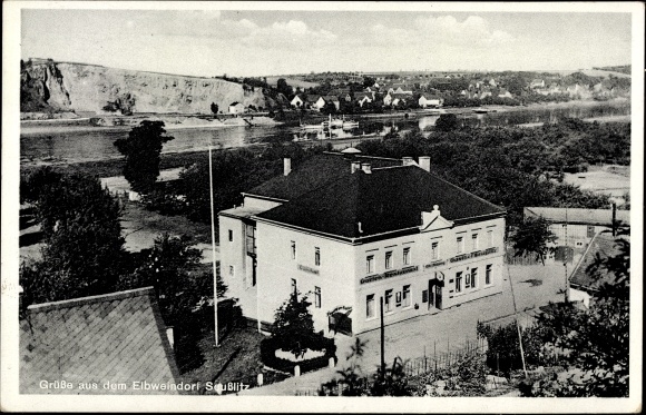 Ansichtkaart Diesbar Seußlitz Nünchritz aan de Elbe, uitzicht op de stad, herberg
