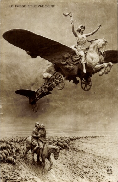 Postcard Past and Future, Allegory, Pegasus, Airplane, Flock of Sheep