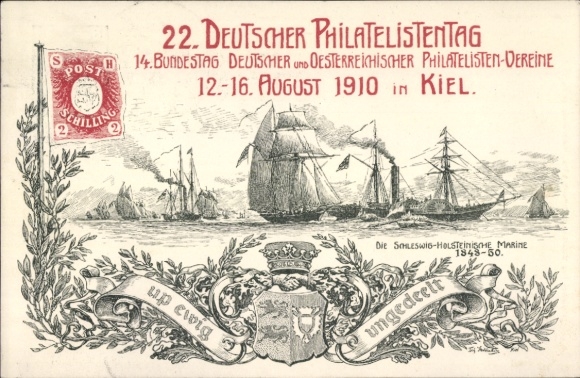 Ganzsachen Litho Kiel, 22. Deutscher Philatelistentag 1910, Schleswig Holst. Marine, Segelschiffe