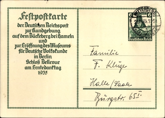 Ganzsachen Ak Hagenohsen, Bückeberg, Eröffnung Museum für Deutsche Volkskunde, Entedanktag